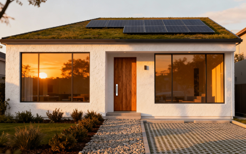 3D Golden Hour Glow: Modern 15x50 ft Exterior Facade Design for Urban Homes